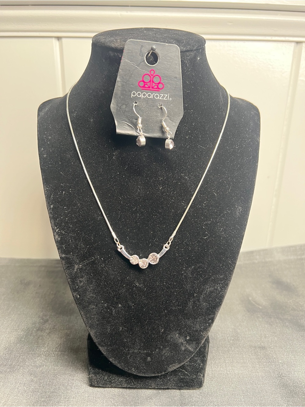 Paparazzi Silver Crystal Trio Necklace and Earrings Set - Silver